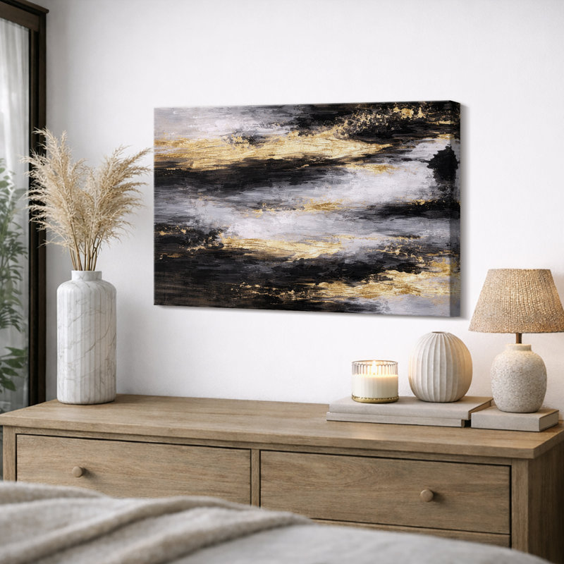 Œuvre d'art abstrait noir et doré, images de salon contemporain, impression sur toile encadrée, H 32 po x l 48 po x P 1,5 po