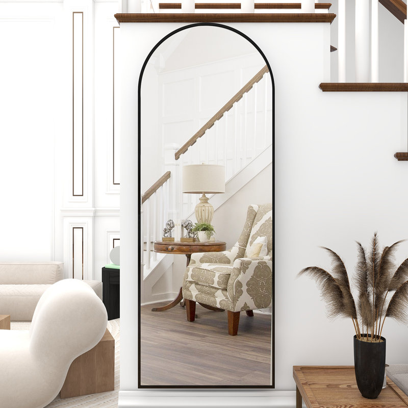 Arched Metal Oversized Full Length Mirrors Wall Mirrors with Stand, Black, 64" x 21"