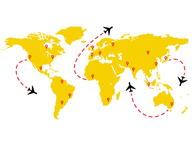 Décalcomanie murale carte de vol de monde de voyage, H 21 po x l 42 po x P 0,01 po, Jaune clair