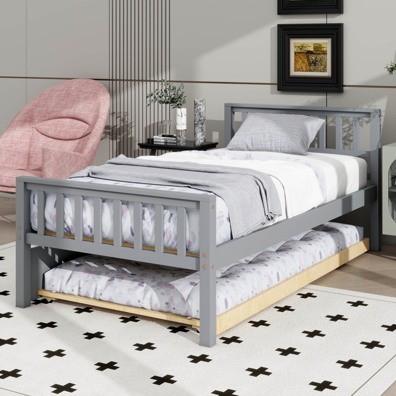 Structure de lit plateforme robuste avec lit gigogne extensible, Gris