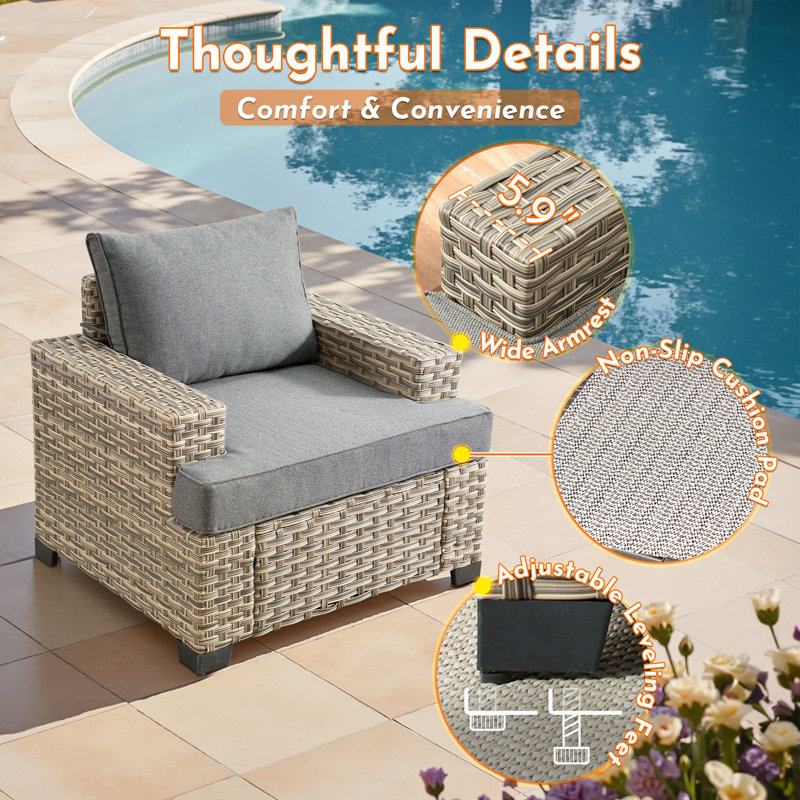 Wicker Rattan Outdoor Patio Chairs With Cushions And Wide Armrest, Dark Gray