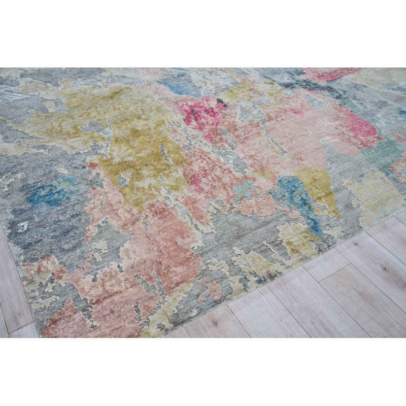 Rectangle Floor Art Abstract Hand-Knotted Bamboo Slat/Seagrass Area Rug in Silver/Blush, Rectangle 8' x 10'