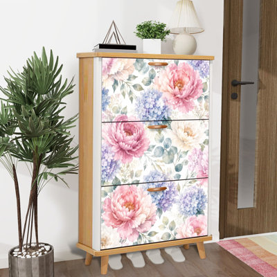 Armoire de rangement pour chaussures avec 3 tiroirs rabattables pour des pivoines florales sans couture, aquarelle légère pour le textile