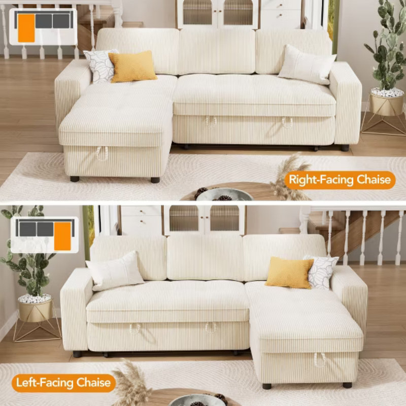 Canapé d'angle convertible 3 en 1 en forme de L de 206 cm (81 po), dossier réglable sur 5 niveaux, ports de chargement USB et Type-C, méridienne de rangement réversible, assemblage sans outil