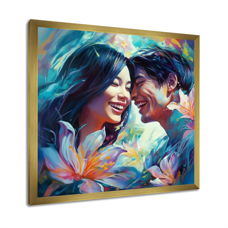 «Beautiful Asian Couple In Love IV», peinture sur toile, H 16 po x l 16 po x P 1 po, Encadrement doré