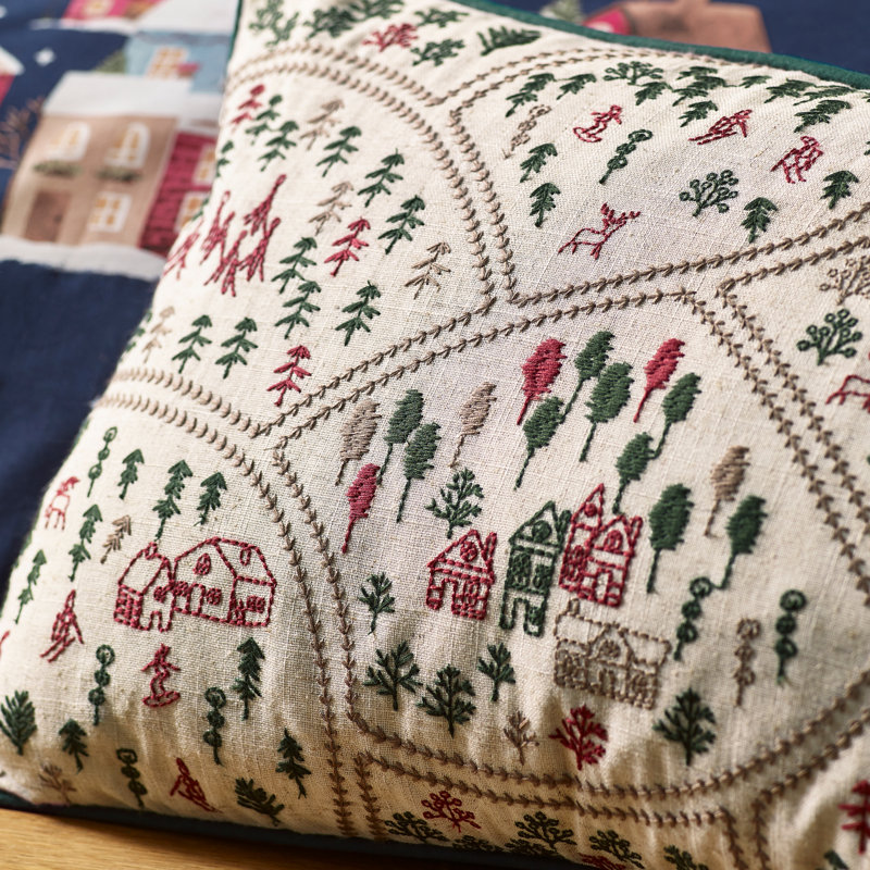 Christmas Ski Village Embroidered Cushion