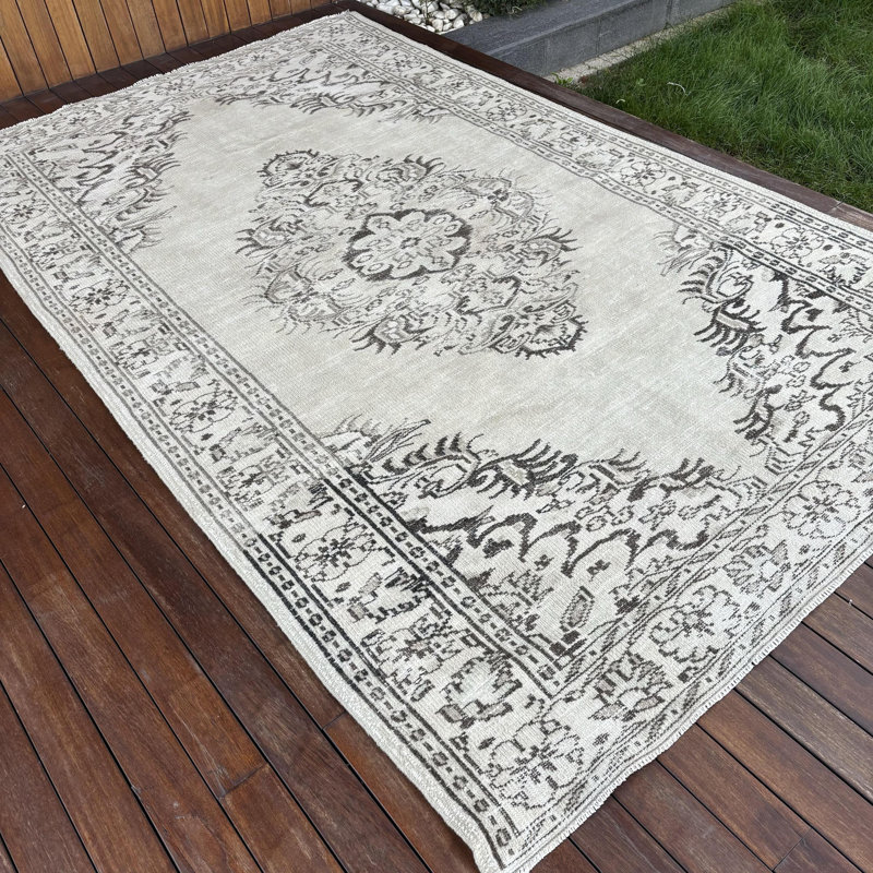 Grand tapis turc beige Oushak à pampilles idéal pour les salons en laine rétro