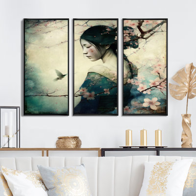 «Vintage Japanese Woman with Cherry Blossoms», reproduction sur toile 3 pièces