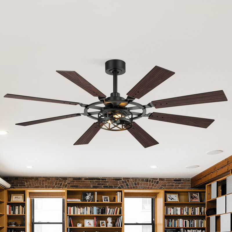 Ventilateur de plafond industriel à 8 pales de 52 po avec double lumière E12 et télécommande, moteur à courant continu réversible à 6 vitesses, pales noires / noyer