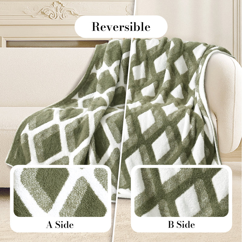 Reversible Checkered Throw Blanket, Green Geometric