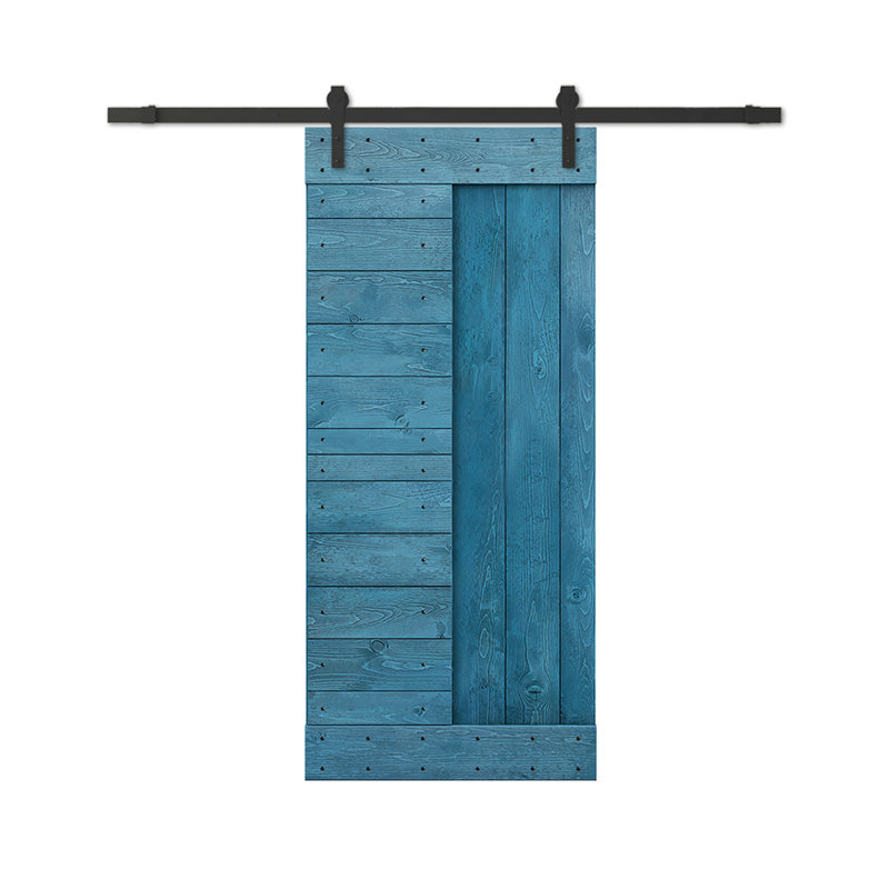Porte de grange à panneaux et en bois avec quincaillerie d'installation, 38 po x 84 po, Bleu océan