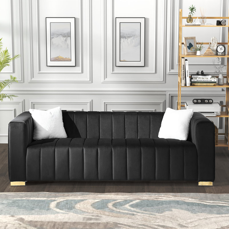 Canapé en velours de luxe 87 po avec 2 coussins Clifford, Doré, Noir