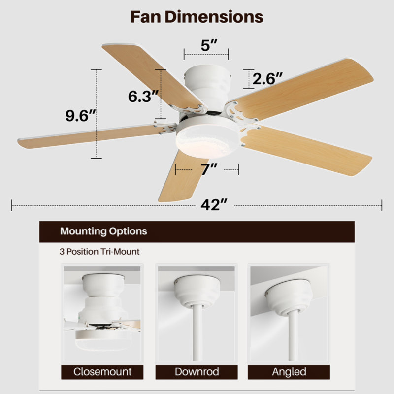 Ventilateur de plafond 42 po avec lumières DEL Lakeah, Blanc, Naturel