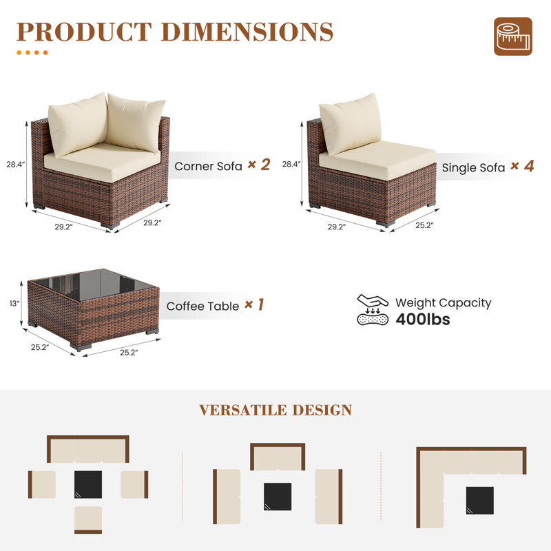 6 - Person Outdoor Wicker Patio Conversation Furniture Set, Beige