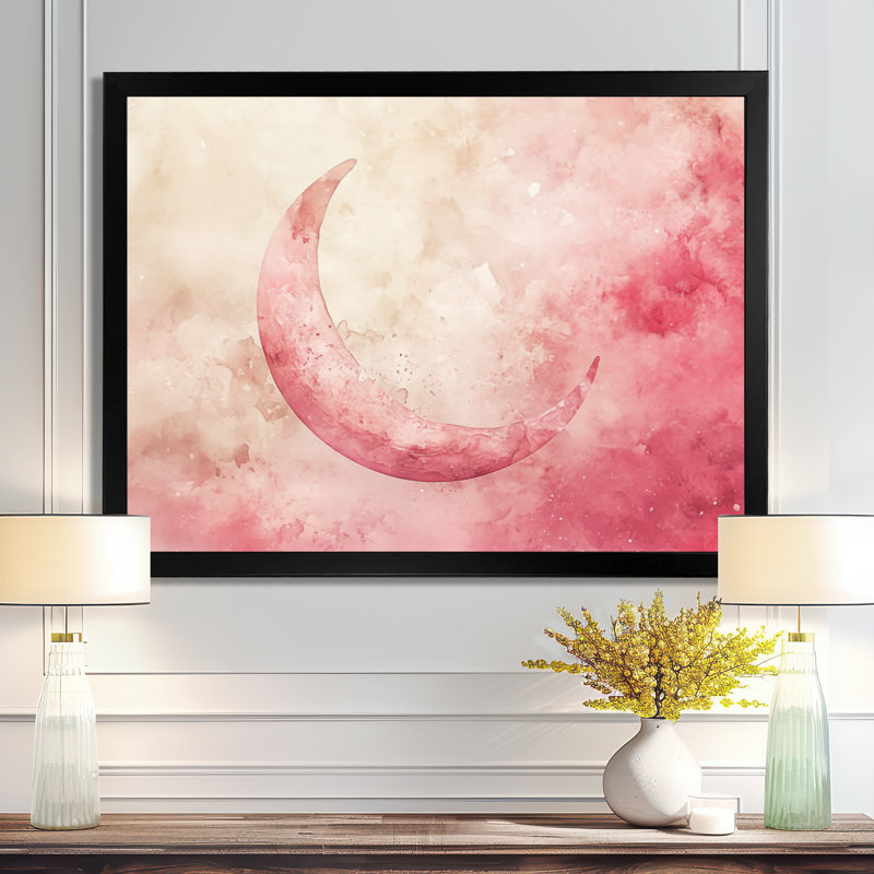 Rose Ivoire Blush Lueur Céleste I - Tableau encadré Lune, H 34 po x l 44 po, Black Picture Framed