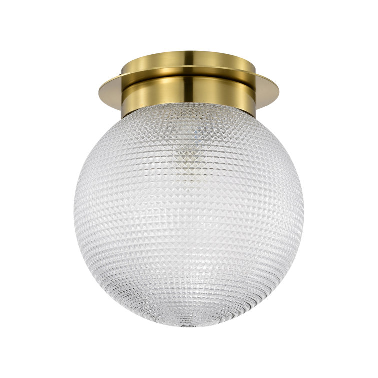 Gruste Brass Flushmount Ceiling Lamp With Pyramidical Patterned Glass Globe Shade