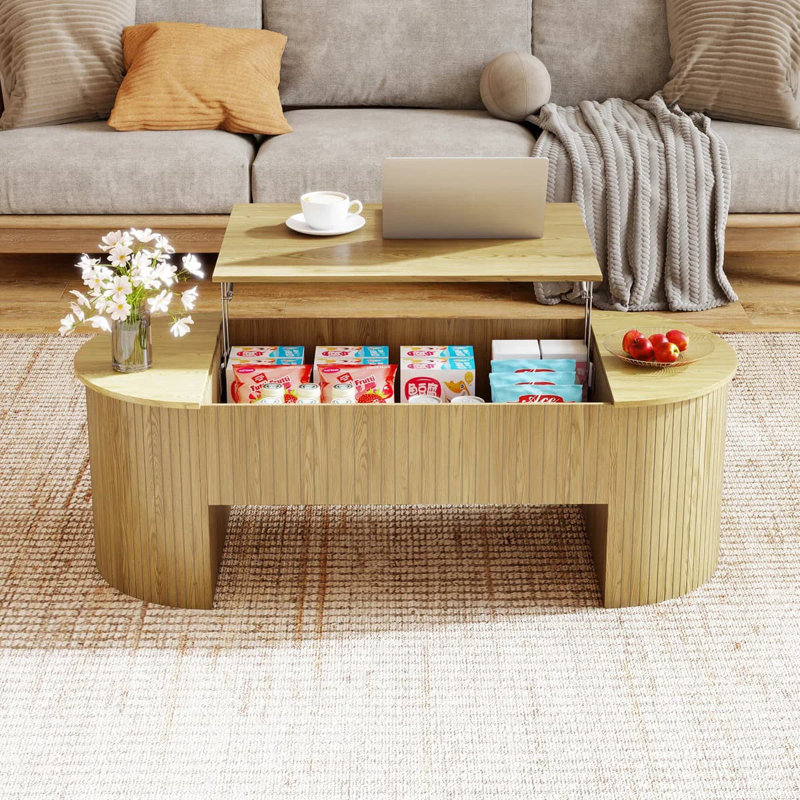 Table basse relevable avec rangement dissimulé, table basse ovale avec plateau relevable, table basse de style moderne Mid-Century