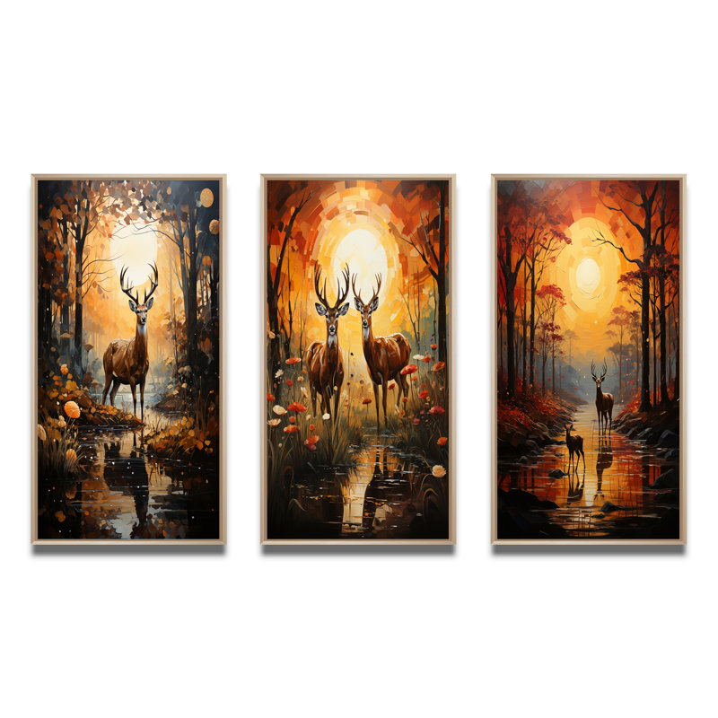 «African Savannah Symphony», 3 pièces sur toile, Cadre naturel flottant, H 28 po x l 36 po