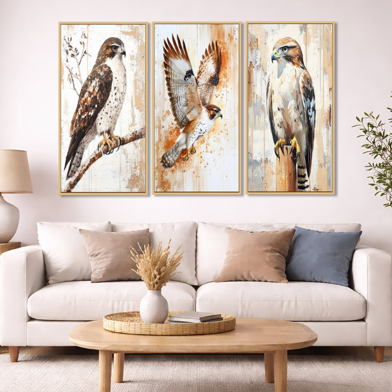 Hawk on the Hunt - Brown Hawk, art mural encadré 3 pièces, H 40 po x l 60 po, Cadre flottant en bois naturel