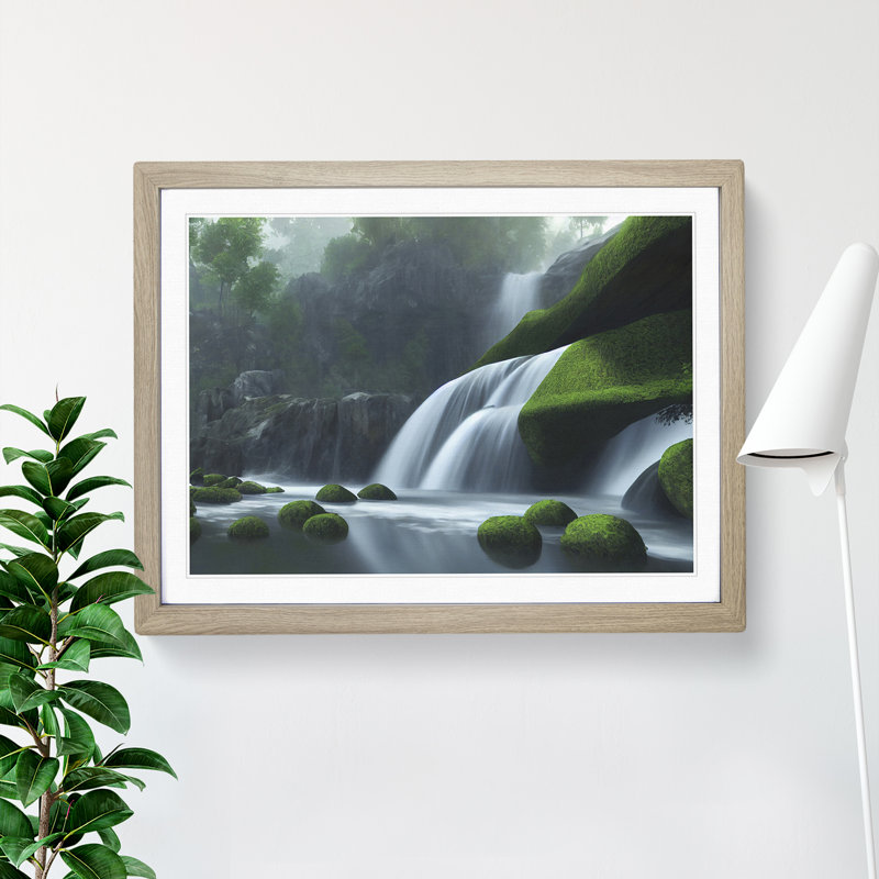 Reflective Waterfall - Single Picture Frame Print, 25cm H x 34cm W x 2cm D, Oak Framed