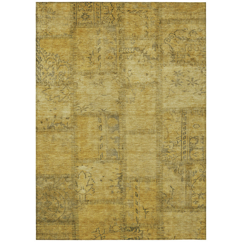 3' X 5' Gold Wheat And Gray Patchwork Washable Indoor Outdoor Area Rug