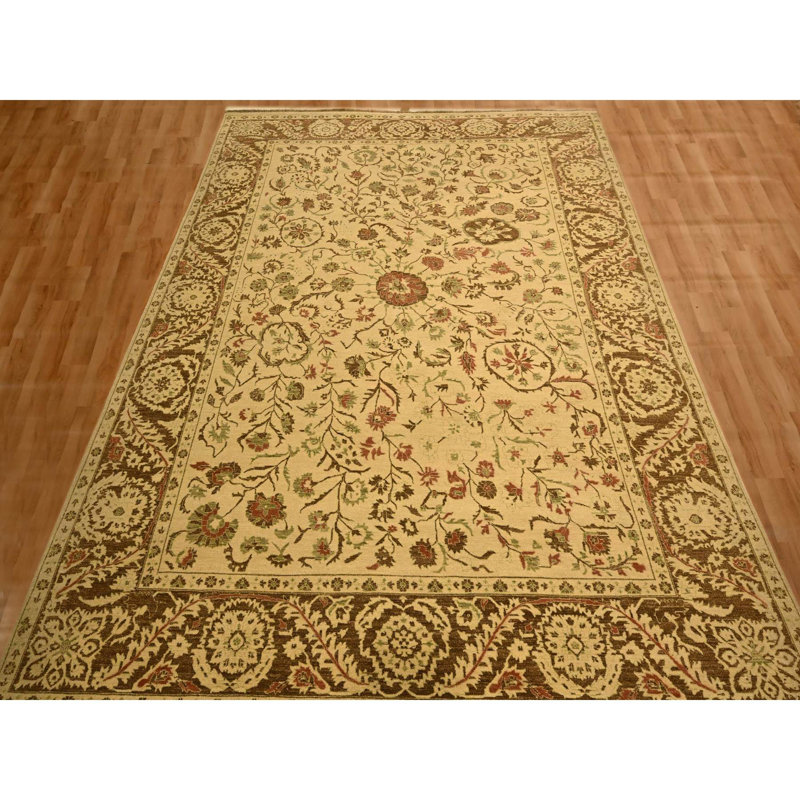 Tapis Biscotti brun 10 pi x 13 pi 10 po, Agra, motif de feuilles, velours zéro, 100% laine, noué à la main, colorants végétaux, tapis oriental