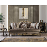 Haben Button Tufted Sofa with 5 Pillows in Light Green, Gold and Black High Gloss