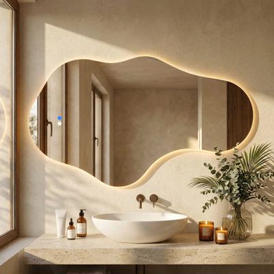 Miroir de salle de bain asymétrique à DEL rétroéclairé sans cadre avec réglage de 3 couleurs et antibuée