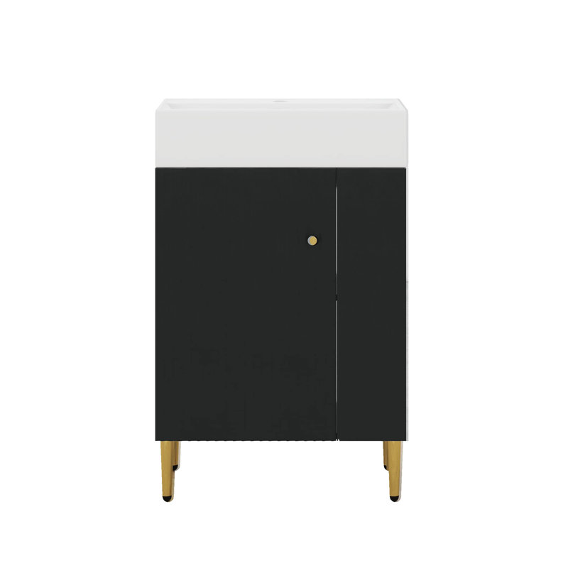 21.6" Small Bathroom Vanity With Ceramic Sink, Freestanding Bathroom Vanity With Soft Close Door, Right Side Storage, Blcak