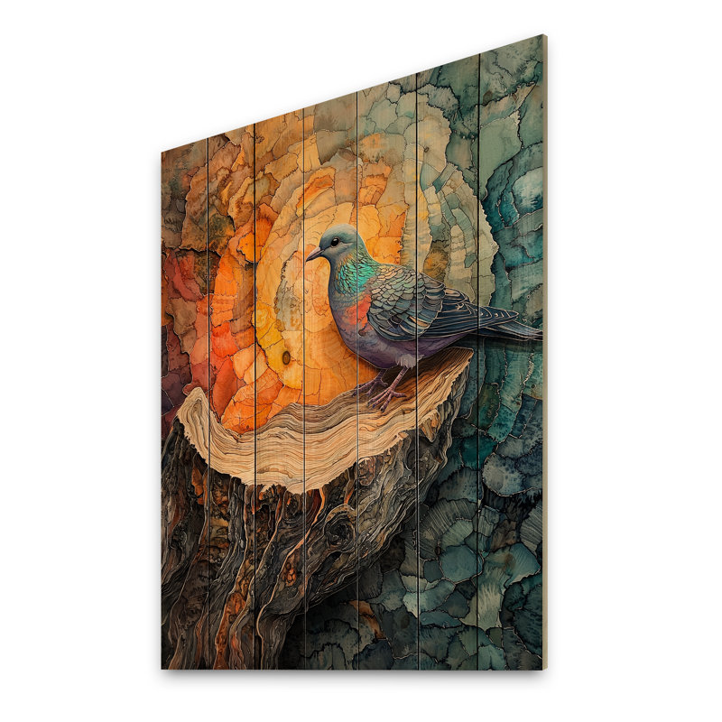 «Dove Animal At The Forest On Slide I» - Art mural en bois colombe - sur bois de pin naturel, H 44 po x l 34 po x P 0,78 po