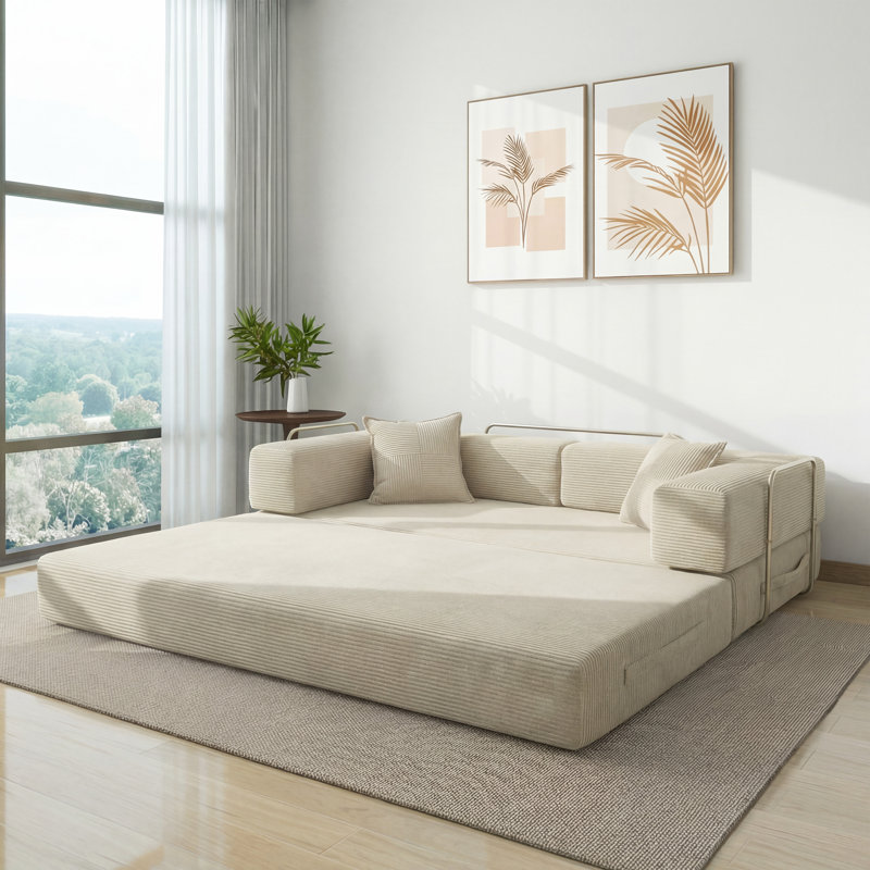 Convertible Sleeper Sofa With Removable Armrests, Corduroy Fabric Sofa Couch, No Assembly Required For Living Room, Dorm, Studio