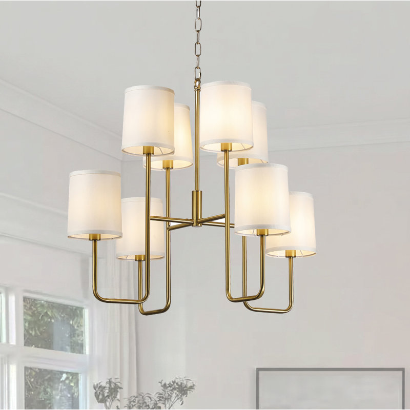 Lustre 8 lumières de style campagne moderne - laiton bicolore avec abat-jour en lin sur mesure, Bronze