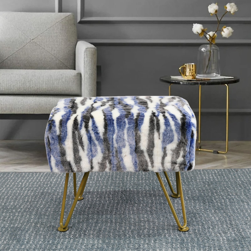 48.3cm Wide Rectangle Animal Print Standard Ottoman, Blue Faux Fur