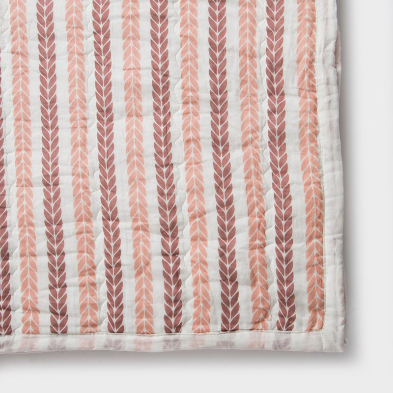 Couvre-lit réversible Lehar rose poudré à rayures feuillues 100 % coton, 152 x 229 cm, Twin/Twin XL, Blush Pink
