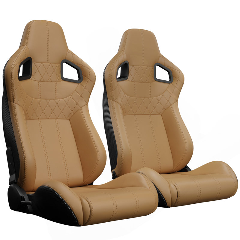 Ensemble de 2 sièges baquets de course universels à coutures brunes en cuir de PVC brun avec dossier ajustable en similicuir avec glissière de réglage (sans support de siège) 1 boîte de 2 pièces
