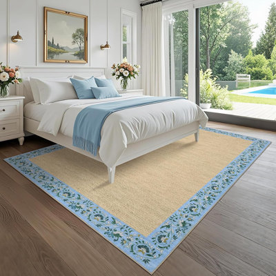 Floral Bordered Kitchen Rug – Minimalist, Non-Slip, Washable for Hallways, Entryway, Bedroom (Light Blue)