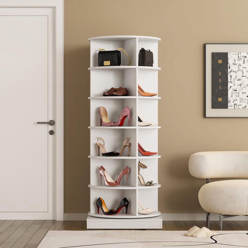 360 Rotating Shoe Cabinet 6 Layers, Space Efficient For 24 Pairs, Whole Family, Easy To Put Together, White & Elegant Style With Storage Entire Install, Classy Look