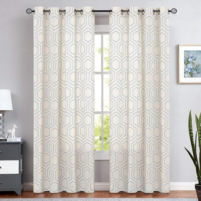 Linen Textured Honeycomb Embroidered Design Living Room Curtain Drapes, Blue, 54" W x 84" L