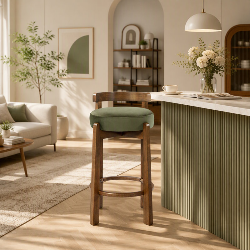 Ensemble de 2 tabourets de bar en bois d'hévéa à hauteur de comptoir avec repose-pieds, finition noyer foncé et revêtement vert Elise
