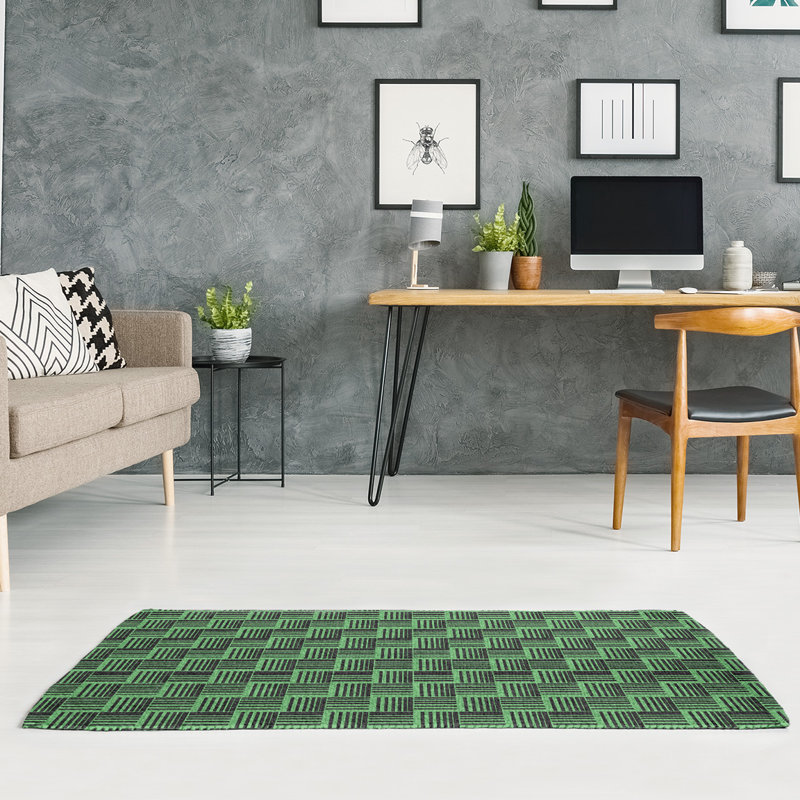 Tapis noir/vert à rayures basketweave, Rectangle 5 pi x 7 pi