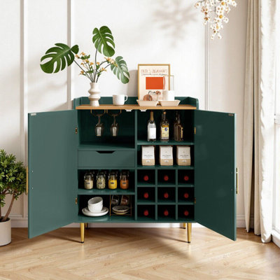 Modern 3-Tier Adjustable Coffee Bar Cabinet With 9-Wine Racks & Storage