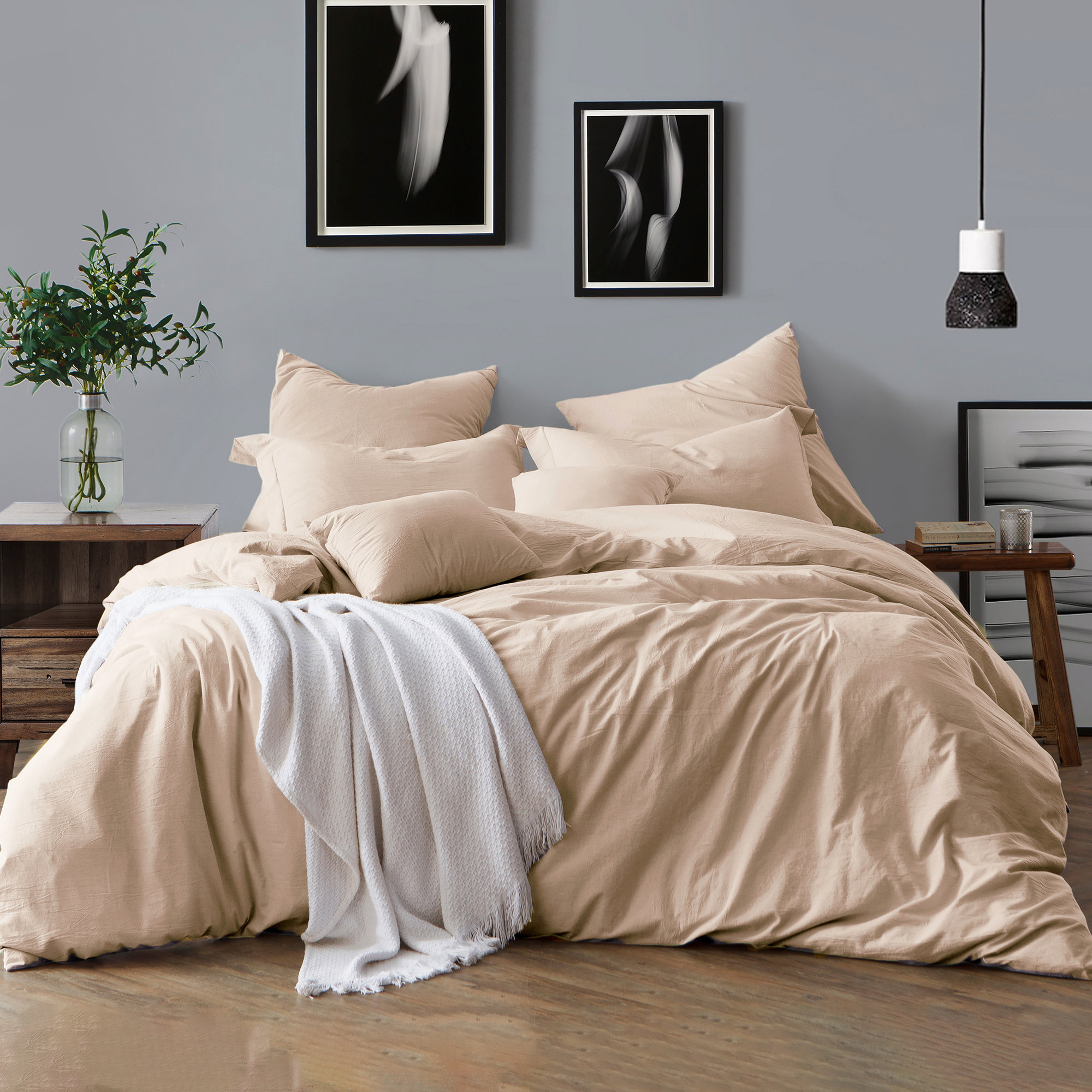 100% Cotton Crinkle Washed Duvet Cover Set, Twin/Twin XL Duvet Cover + 1 Sham, Almond