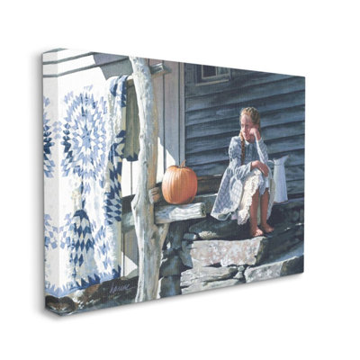 Girl in Plaid Dress on Porch Geometric Quilt by Heide Presse – Graphic Art Print