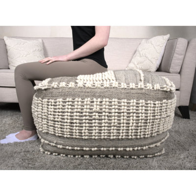 Rustic Large Pouf In Brown And Beige Wool & Cotton, For A Comfortable Experience, 26"X26"X16.5", Fully Assembled, Spot Clean Only, 75% Wool, 25% Beads Filled Cotton Pouf, Soft, 26X26x16.5, Clean, With