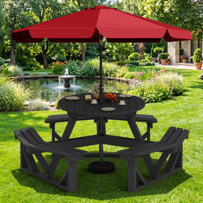 Gray HDPE 6-Person Outdoor Convertible Picnic Table Set With Red 9 Ft. Market Umbrella