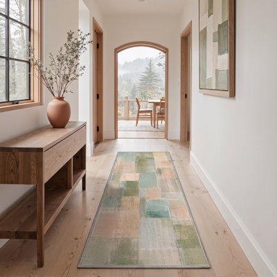 Abstract Color Block Machine Washable Sage Green Beige Area Rug with Non-Slip Backing
