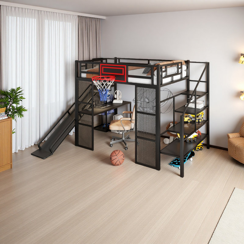 Full Size Metal Loft Bed With Built-In Desk, Open Wardrobe, Basketball Hoop, Slide And Staircase, Black