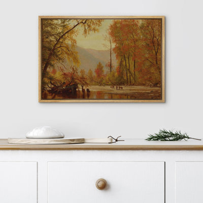«Vintage Autumn Forest Lake Deer Landscape Nature Artwork», reproduction d'art sur toile encadrée