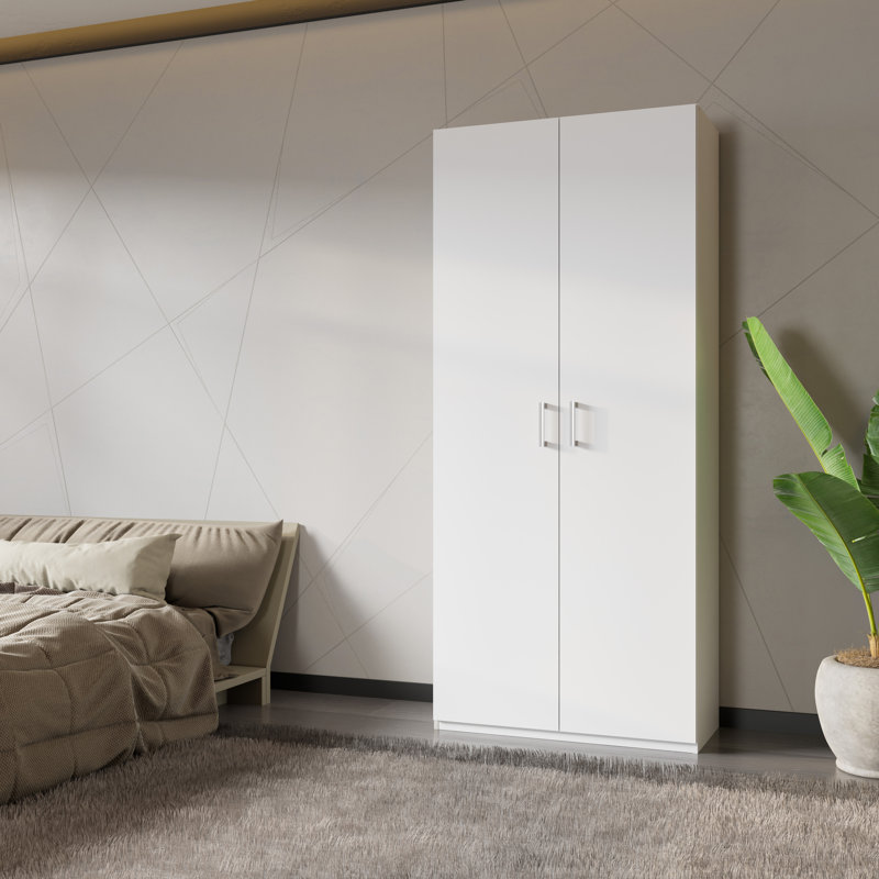 Modern hinged door wardrobe, 2-doors, space-saving, engineered wood, white, 210.5cm H x 88.9cm W x 42cm D