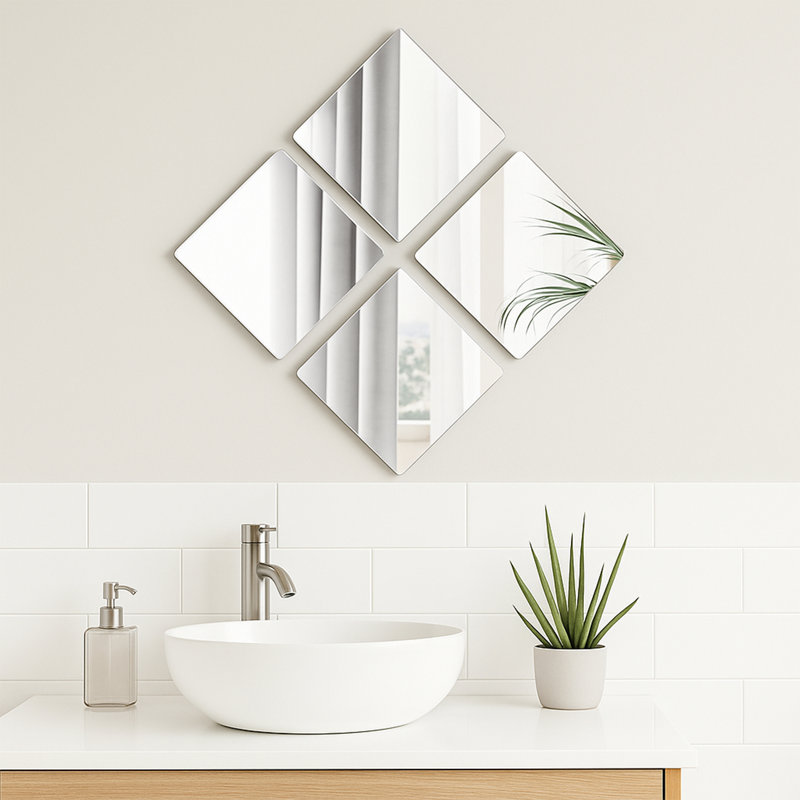 Ensemble de 4 petits miroirs adhésifs modernes et contemporains sans cadre, Carré 7,12 po x 7,12 po